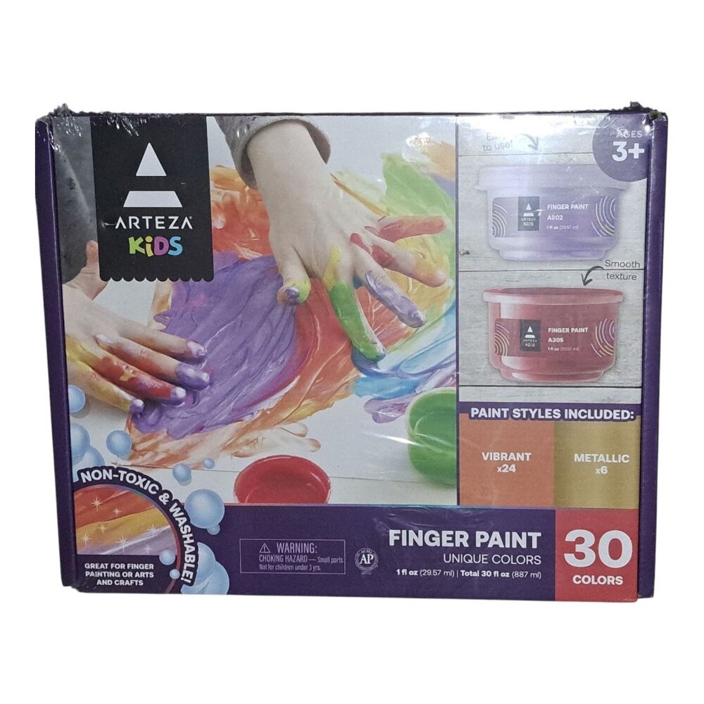 NEW  Arteza Kids Finger Paint Set  30 Colors 24 Vibrant +6 Metallic Washable